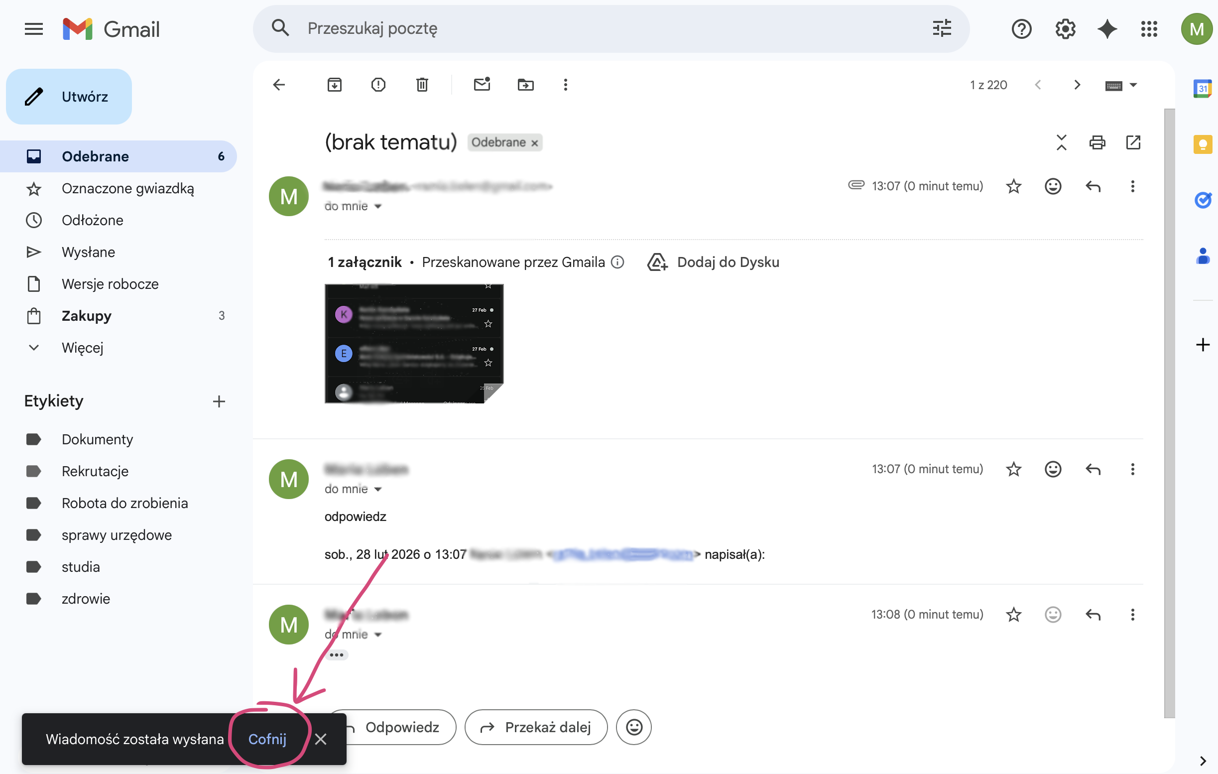 Możliwość cofnięcia wysłania wiadomości – desktop