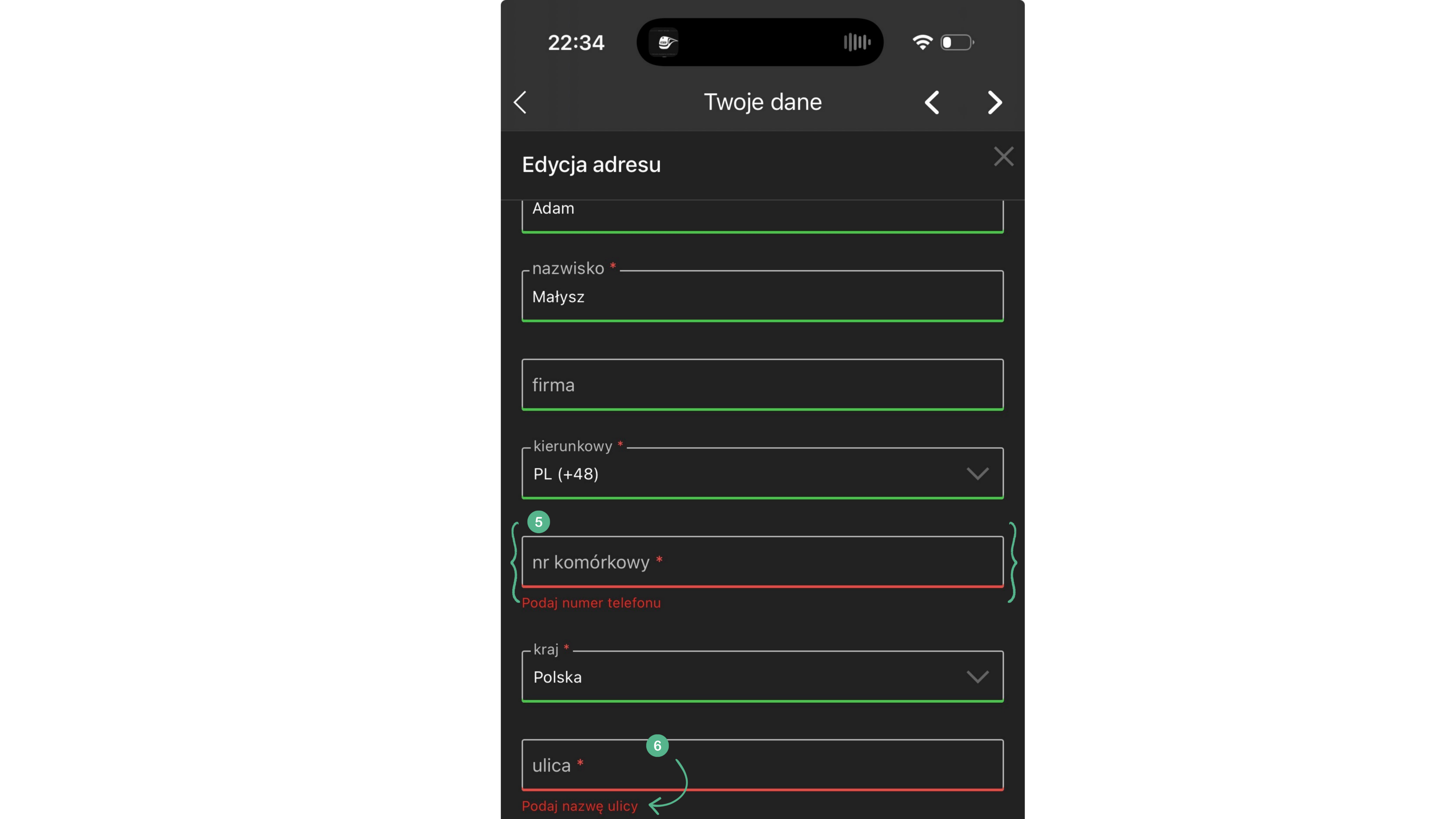Komunikat błędu w formularzu na telefonie